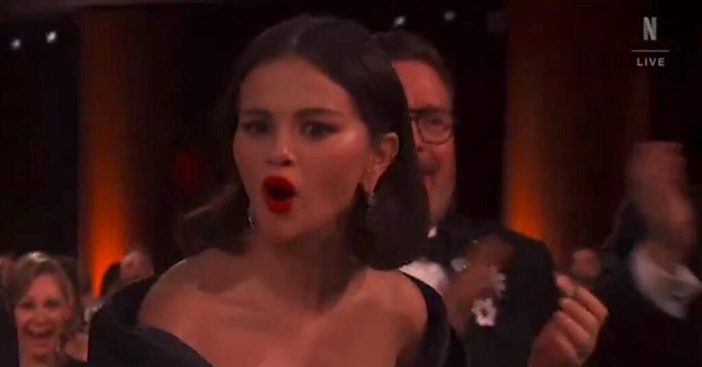 Selena Gomez Looks Embarrassed After Childhood Clip of Her in ‘Barney’ Airs at 2025 SAG Awards