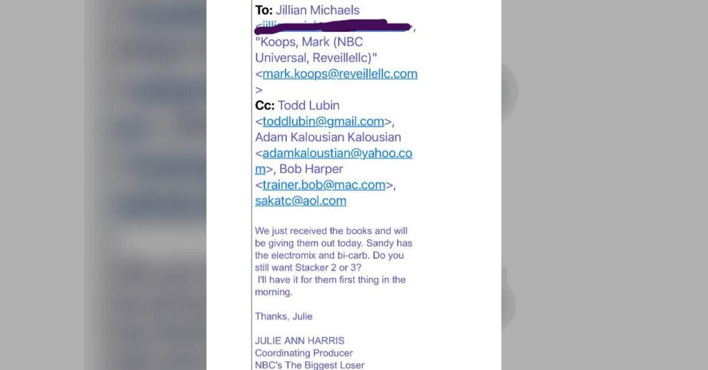 Photo of Jillian Michaels provided email evidence against the documentary's claims.