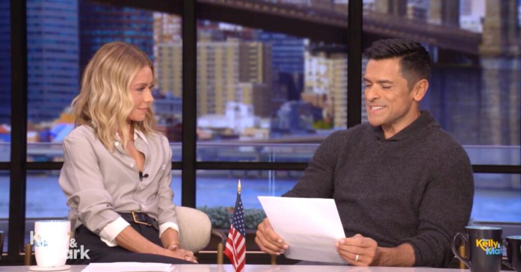 Image of Kelly Ripa said Mark Consuelos was being 'generous' by claiming he 'needs seven minutes' in the bedroom.