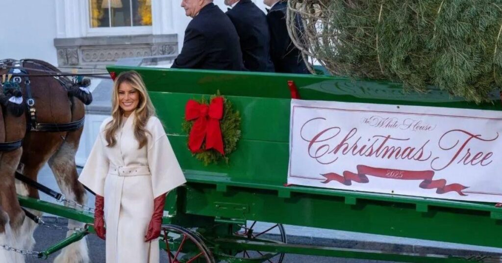 image of Melania Trump greeted the White House Christmas tree for less than three minutes.