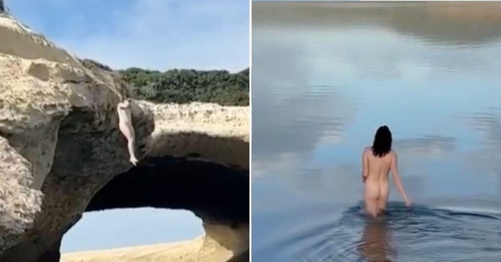 images of The 'Game of Thrones' bared her naked behind and jumped off of a cliff without her clothes on.