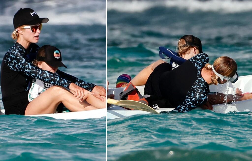 Photo of Paris Hilton appeared to dunk her head in the water to cool herself off during the outing.