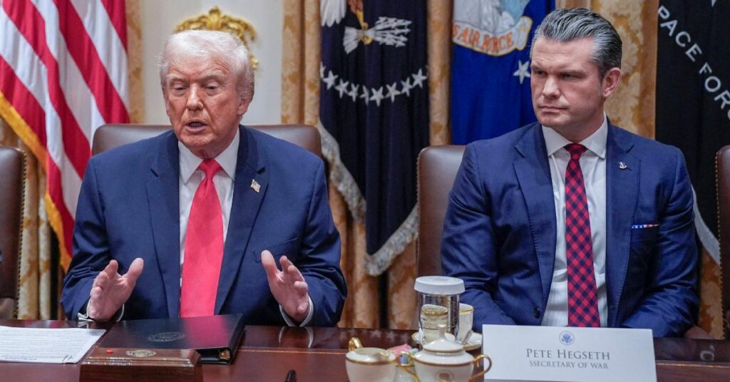 Image of Pete Hegseth's name card said 'SSecretary of War.'