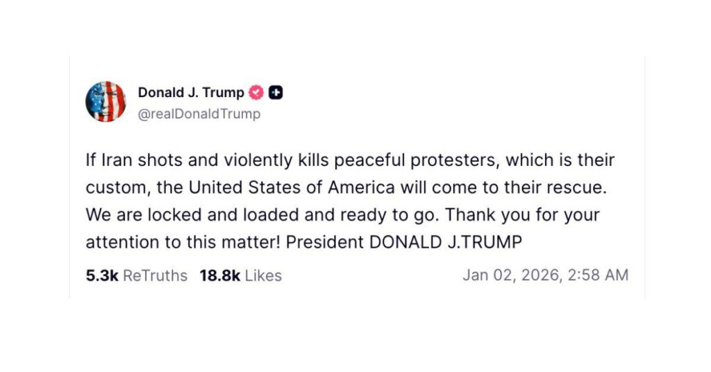 image of Donald Trump threatened to attack Iran after six people were killed during protests on Thursday, January 1.