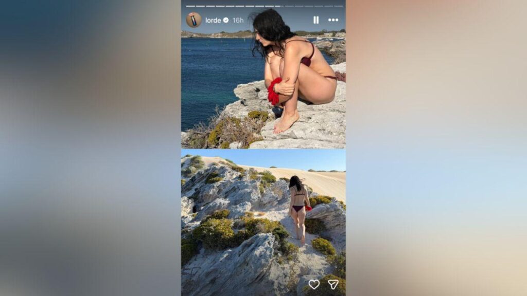 Image of Lorde stripped down to a busty maroon bathing suit.