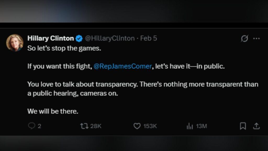 image of The former first lady challenged Chairman James Comer to hold a public hearing.