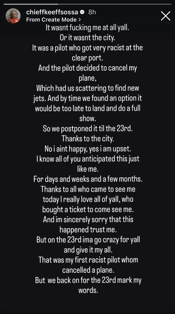 Chief Keef explains cancelled show on his IG Story.